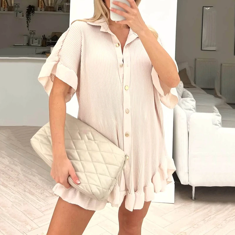 

Homewear Two Piece Set Women Loose Short Sleeve Buttoned Shirt + Shorts Outfits Fashion New Design Stitching Ruched Casual Suits