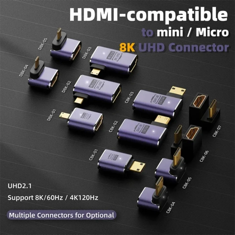 Фото Адаптер, совместимый с HDMI 8K, угловой коннектор 90/270 градусов (штекер-гнездо), мини/микро HDMI-совместимый удлинитель-коннектор №2