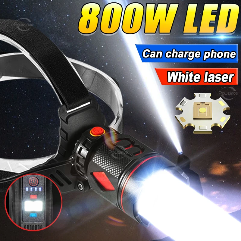 Перезаряжаемый Мощный Светодиодный Налобный Фонарь 800 Вт 10000LM Вкл./выкл. В Режиме