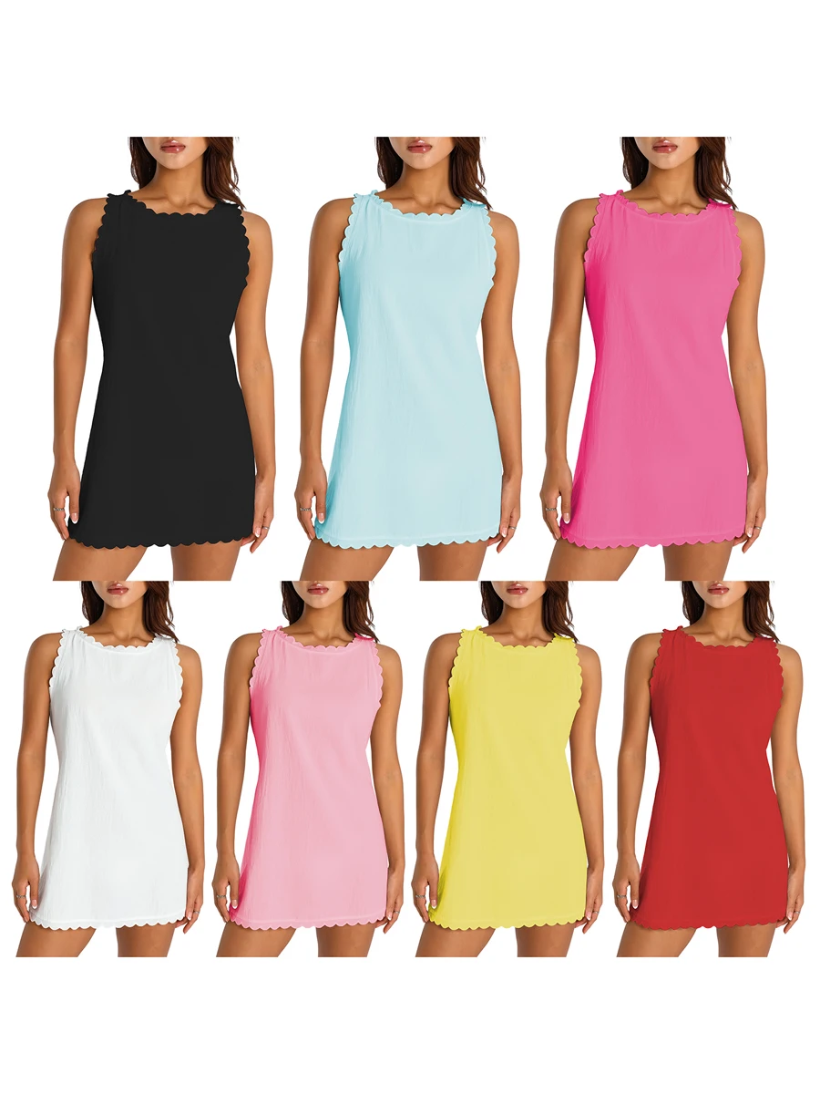 

Женское летнее Повседневное платье-трапеция, элегантные однотонные мини-платья без рукавов, с круглым вырезом и оборками, пляжный сарафан на молнии сзади