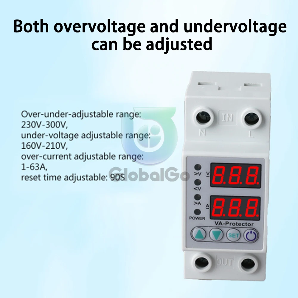 

Dual Display Adjustable Over Voltage Current and Under Voltage Protective Device Protector Relay 40A 63A 220V 230V