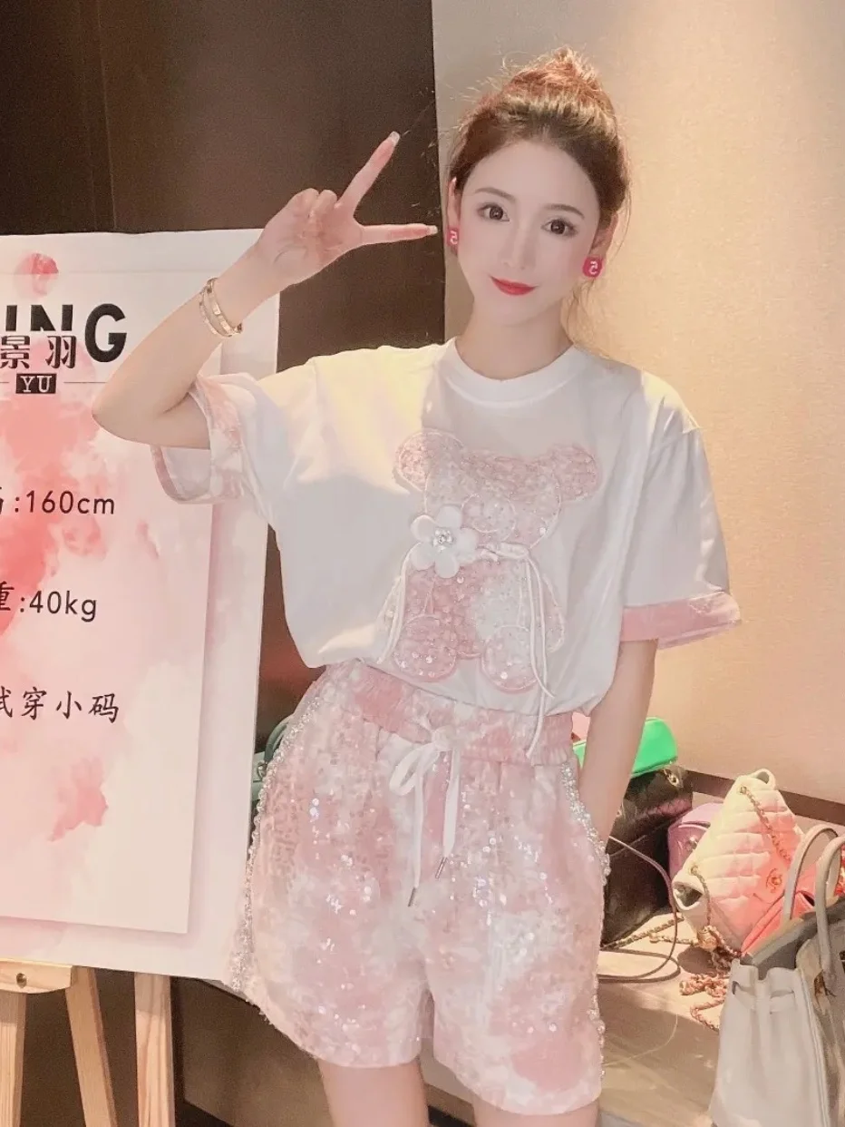 

French heavy industry sweet sequins beaded bear suit New casual and versatile fashion two-piece suit in summer 2022