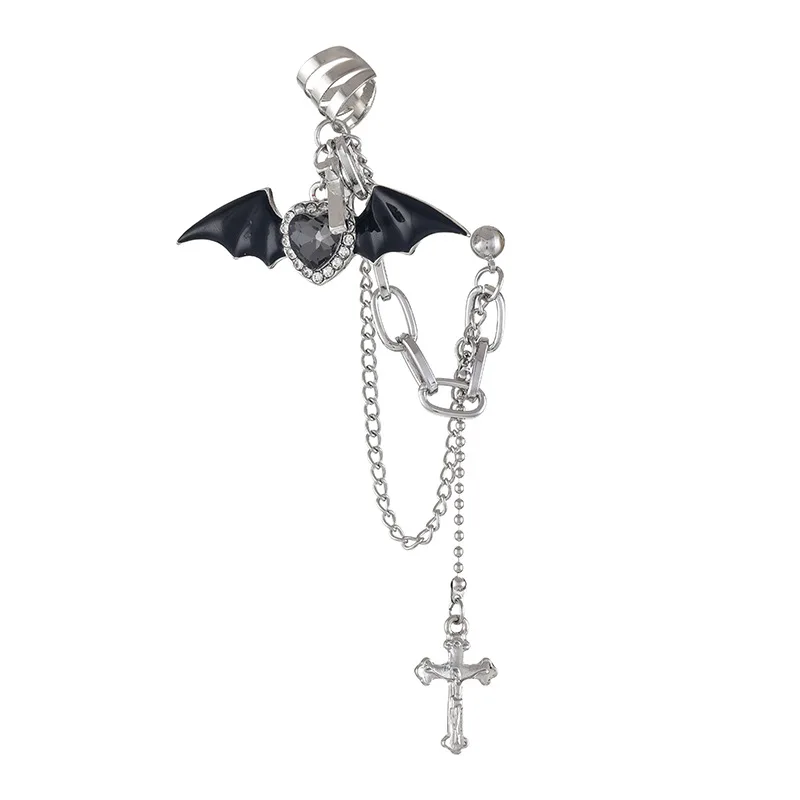 Gothic Dark Bat Wing With Cross Ear Clip Cool Witch Tassel Earring For Women