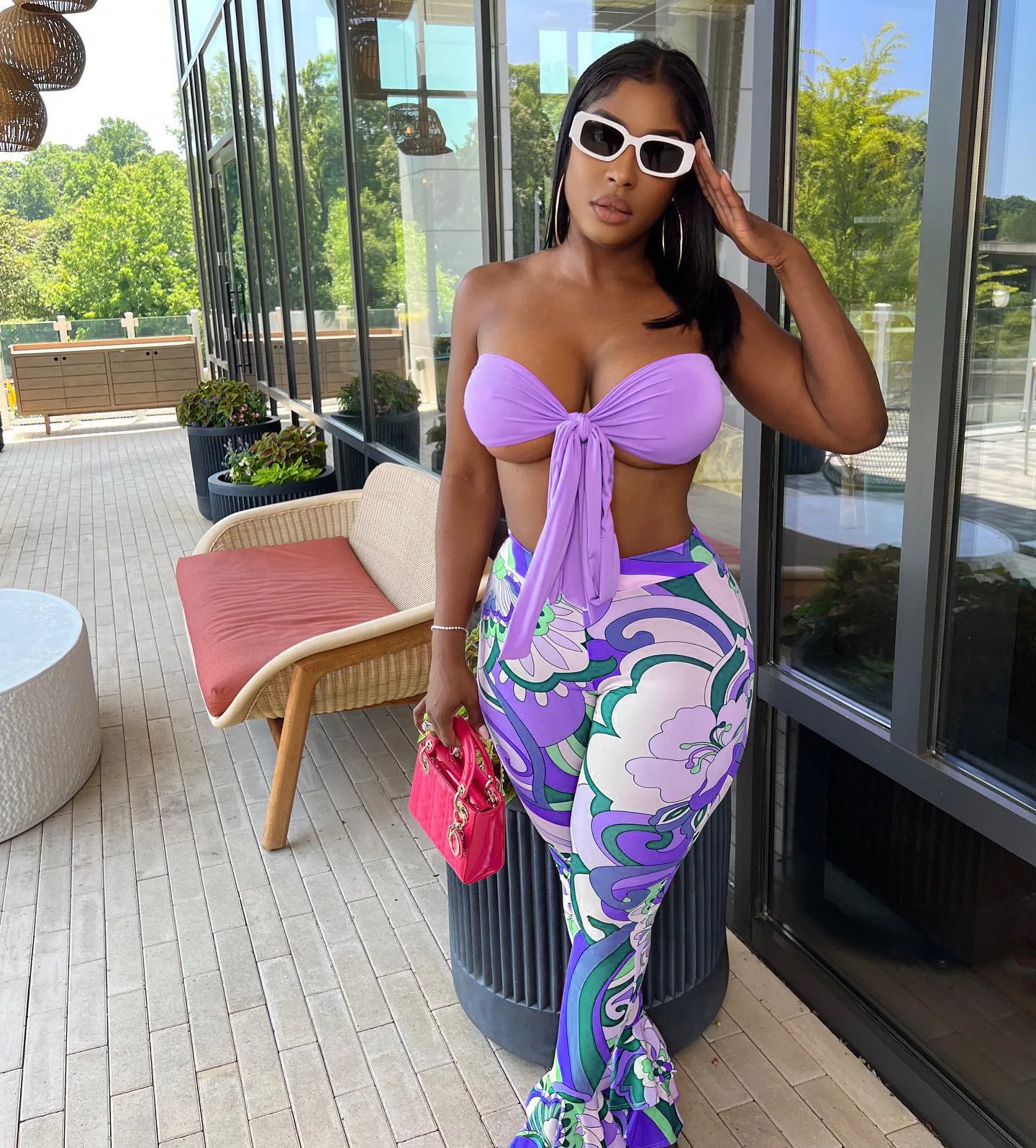 

Two Piece Set Women Sexy Lace Up Strapless Crop Top Print Ruffles Flare Pants Beach Outfits Suit