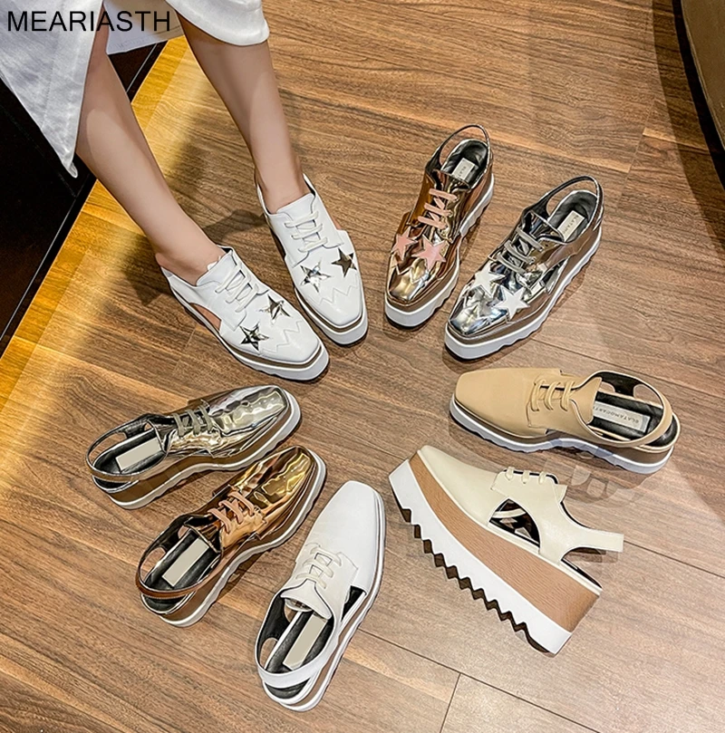 

Женские туфли на платформе со звездами, повседневные универсальные туфли на танкетке с квадратным носком, на толстой плоской подошве, с пряжкой, весна 2022