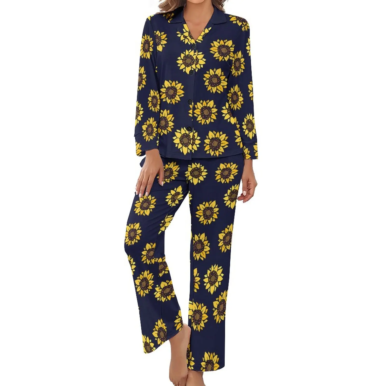 

Sunflower Print Pajamas Long-Sleeve Summer Sunshine Two Piece Casual Pajama Sets Daily Women V Neck Lovely Sleepwear