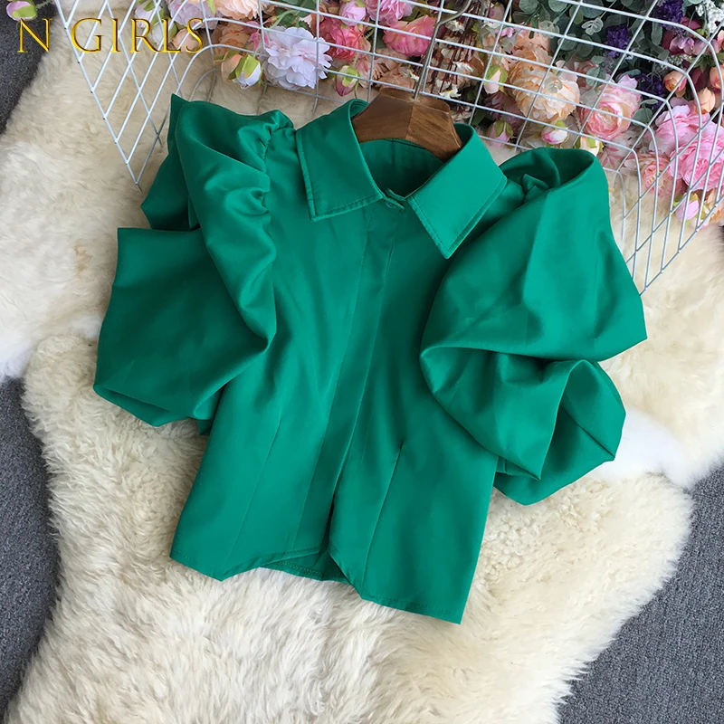 

N GIRLS Vintage Puff Sleeve Elegant Shirt White Black Sexy Vintage Blouse Turn Down Collar Office Ladies Blusa Female Casual
