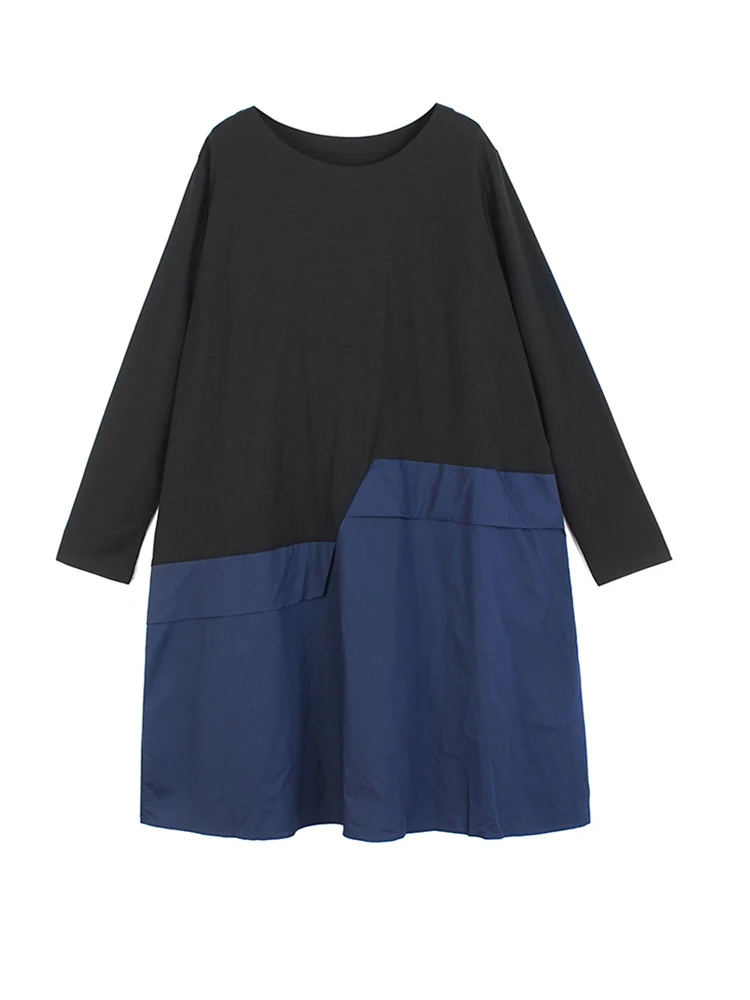 

Women Blue Color-block Big Size Long Dress New Round Neck Long Sleeve Loose Fit Fashion Tide Spring Autumn 2022 M749