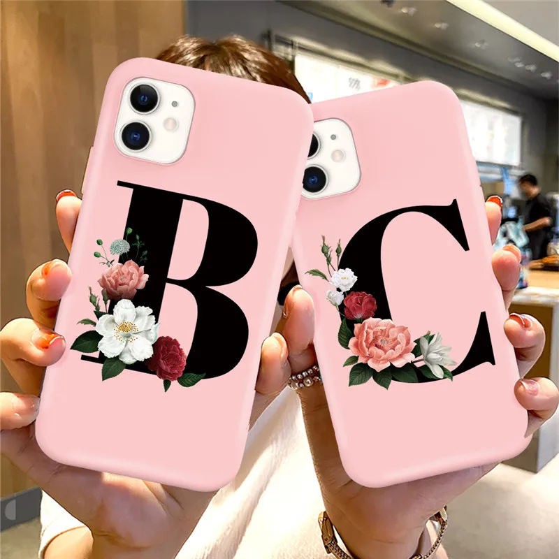 

Ottwn Initial Letter Silicon Phone Case For iPhone 11 Pro 12 Pro Max X XR XS Max 7 8 Plus Retro Pink Flower Soft TPU Back Cover