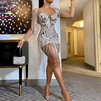 silver long sleeve prom dresses luxury mermaid homecoming dress with tassles mini cocktail gowns sequin piece sweetheart robe