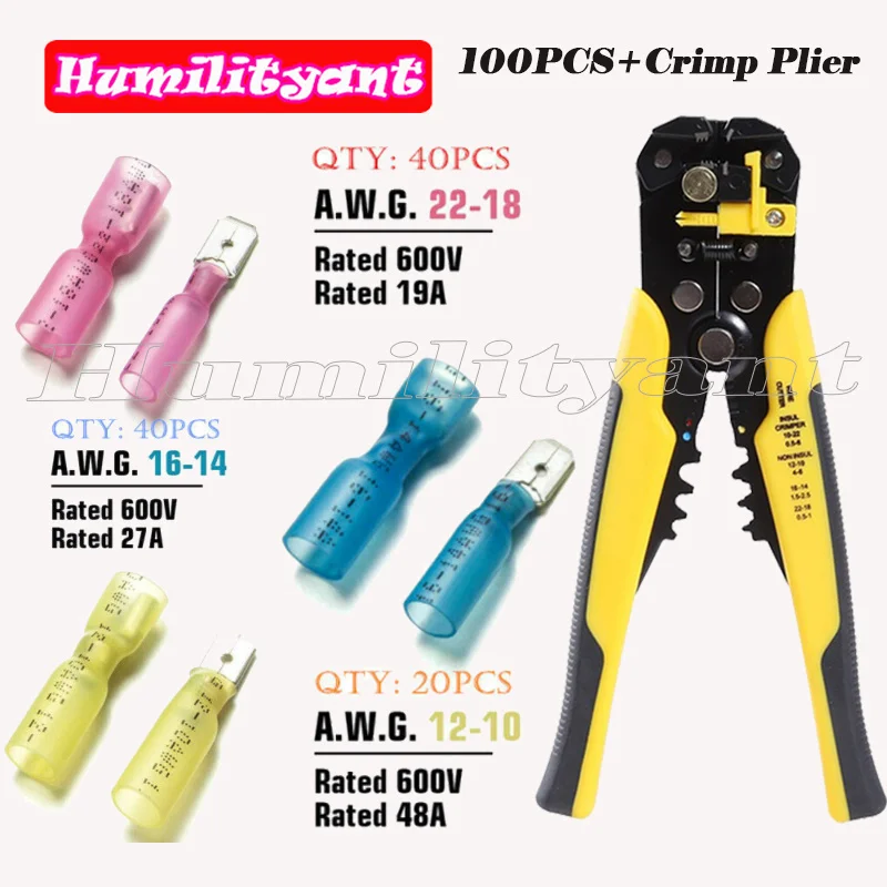 

100PCS Heat Shrink Wire Connectors Waterproof Insulated Crimp Marine Automotive Terminals with 1PC Crimp/Cutter Plier