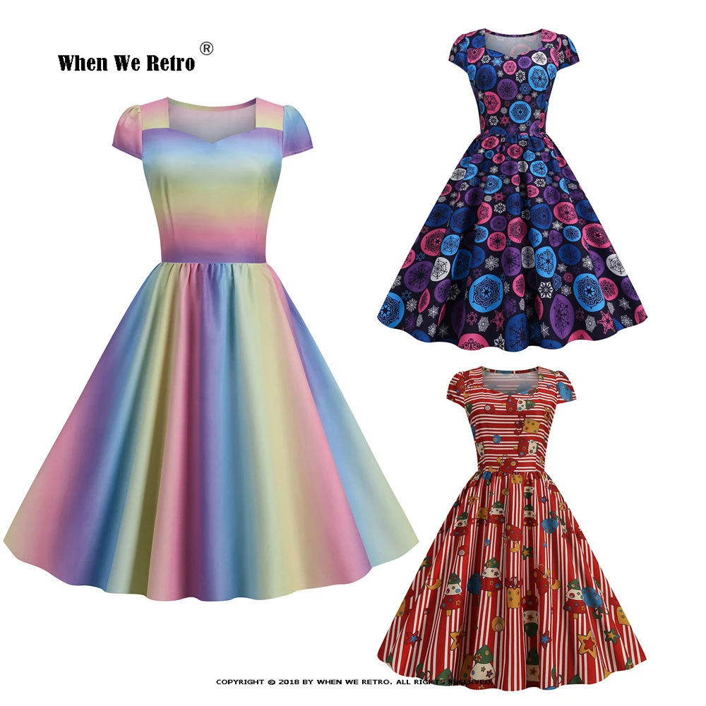 

Summer New Rainbow Vintage Midi Dress Floral Print Short Sleeve Square Collar Zipper Side Elegant Party Dress Vestidos VD3922