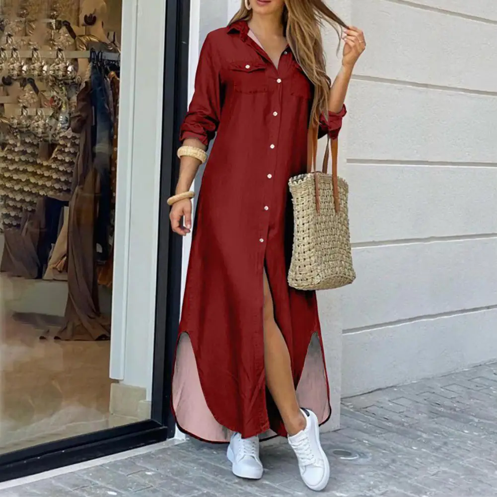 

Casual Stylish Single-breasted Long Sleeves Summer Dress Ankle Length Lady Dress Soft Fabric Female Clothes