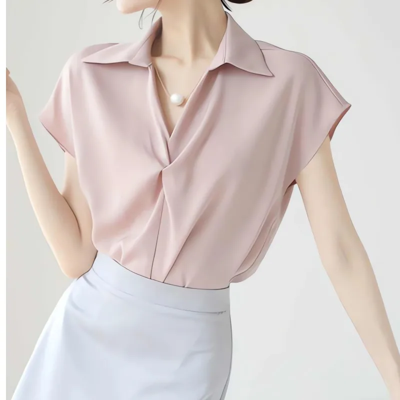 

Sandro Rivers New Temperament Satin Chiffon Short-Sleeved Shirt Female Twist Knot Pearl Chain Design Sense Of Career Tops