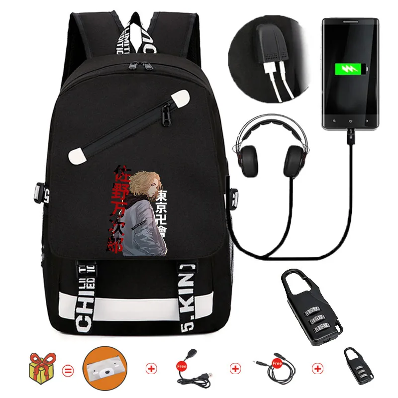 

Anime Tokyo Revengers Waterproof Bookbags Combination Lock Laptop Rucksack Travel USB Backpack Large Capacity Mochila for School