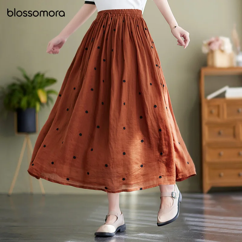 

Blossomoracotton Linen Dots High Waist Long Skirt Casual Vintage Double Layer Elastic Chic Skirts New Summer Jupe for Women 2022