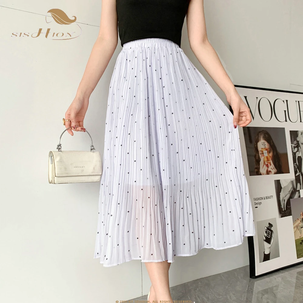 

SISHION 2023 New Elastic Waist Chiffon Long Skirt Polka Dots Pleated Women Summer Mesh Skirts Jupe Longue Clothes VD4022