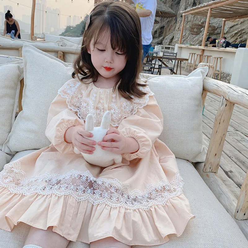 

Dress Full Sleeve Solid Peter Pan Collar Lace Knee Length Cotton Casual New Fashion Sweet Spring Autumn Kids Fit for Girls