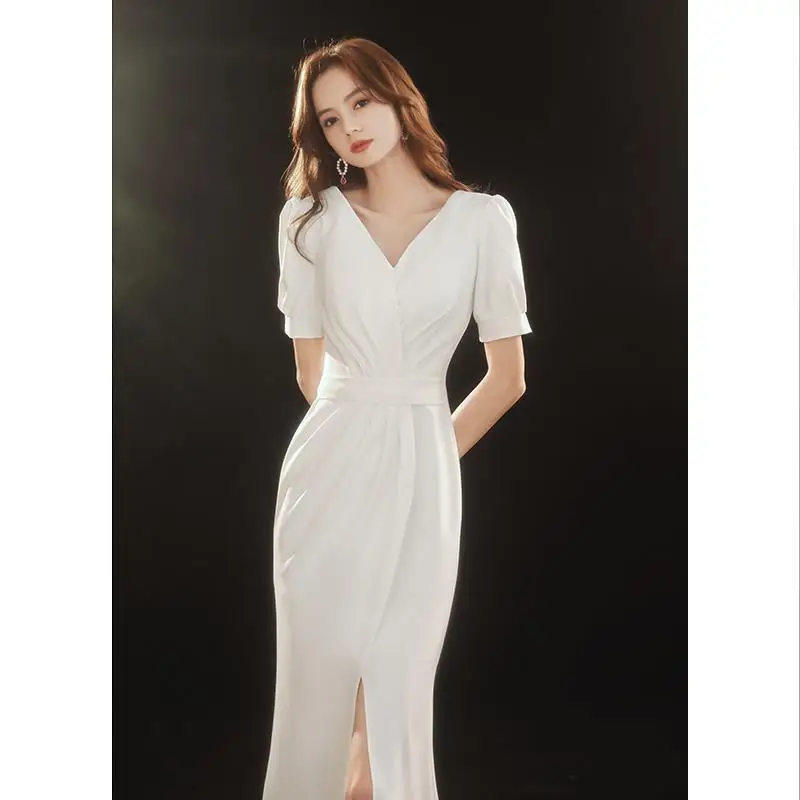 

Женское вечернее платье с V-образным вырезом, белое Плиссированное Платье «рыбий хвост» на молнии с разрезом, элегантное классическое коктейльное платье в Корейском стиле