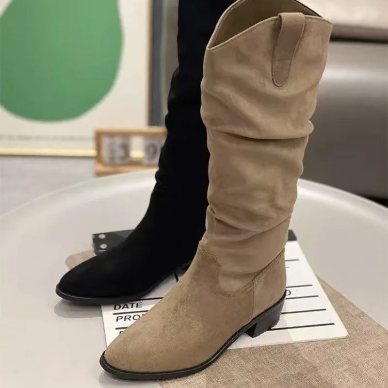 Замшевые женские зимние высокие сапоги на среднем каблуке модные туфли до