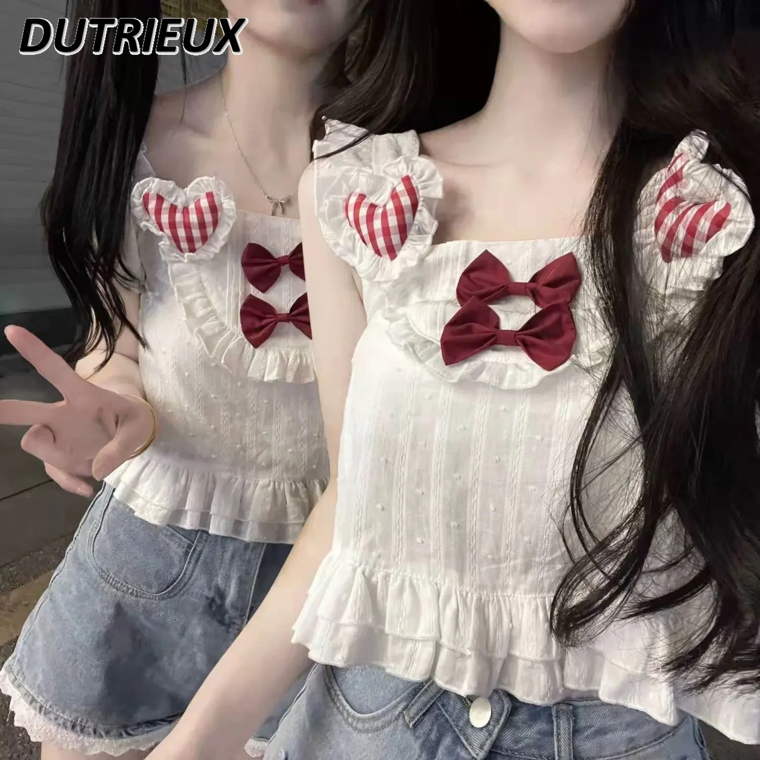 

Милая Короткая жилетка без рукавов для девочек, Милый Летний однотонный милый белый короткий топ на бретелях с большим бантом, женская верхняя одежда