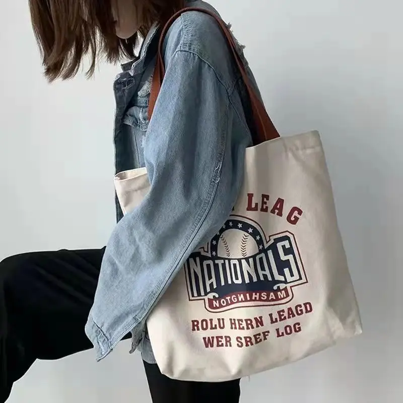 

Women Canvas Shoulder Bag Letter Print Girls Retro Casual Handbag Tote Bag Reusable Large Capacity Cotton Shopping Beach Bag