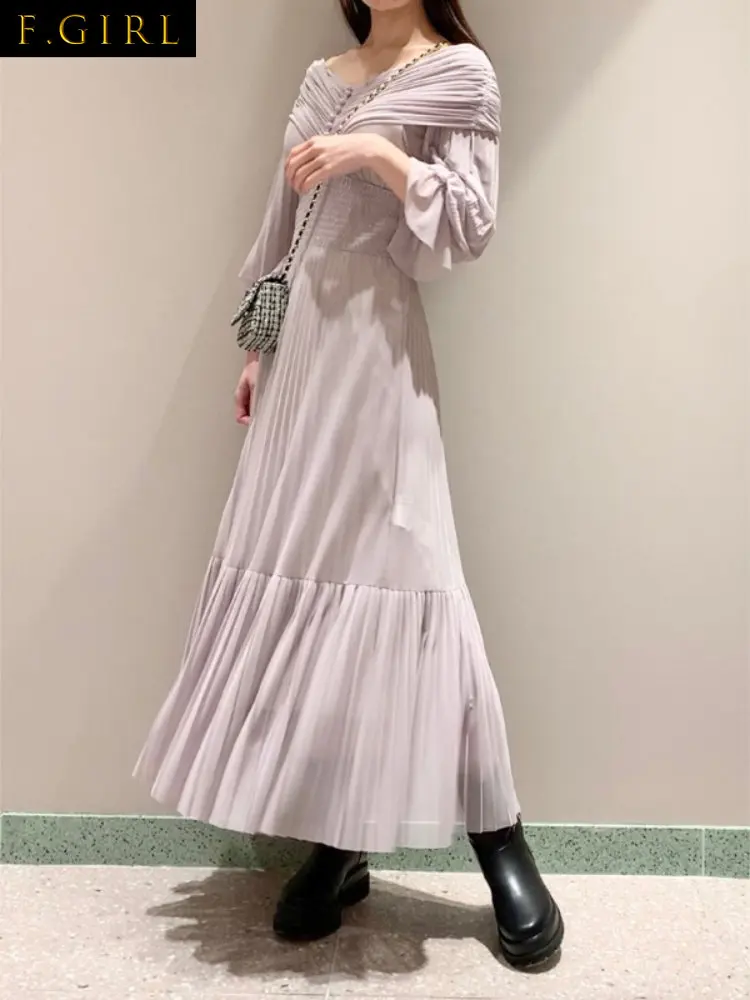 

Japan Style Elegant Solid Gauze Dress Women V-neck High Wasit Pleated Flare Sleeve Mujer Vestidos 2023 Spring New Robes Female