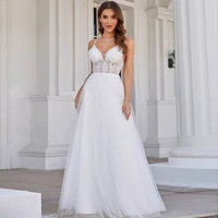 2022 summer wedding dress thin straps v neck illuion sequin lace soft tulle a line bridal gown floor length 14 colors in stock