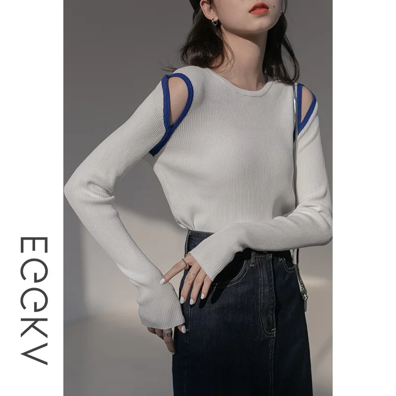 

Women Spring Fall korean chic Tops Off-the-shoulder Hollow Knit Tshirts 2021 Female Solid Color Long Sleeve O-Neck T-Shirt y2k