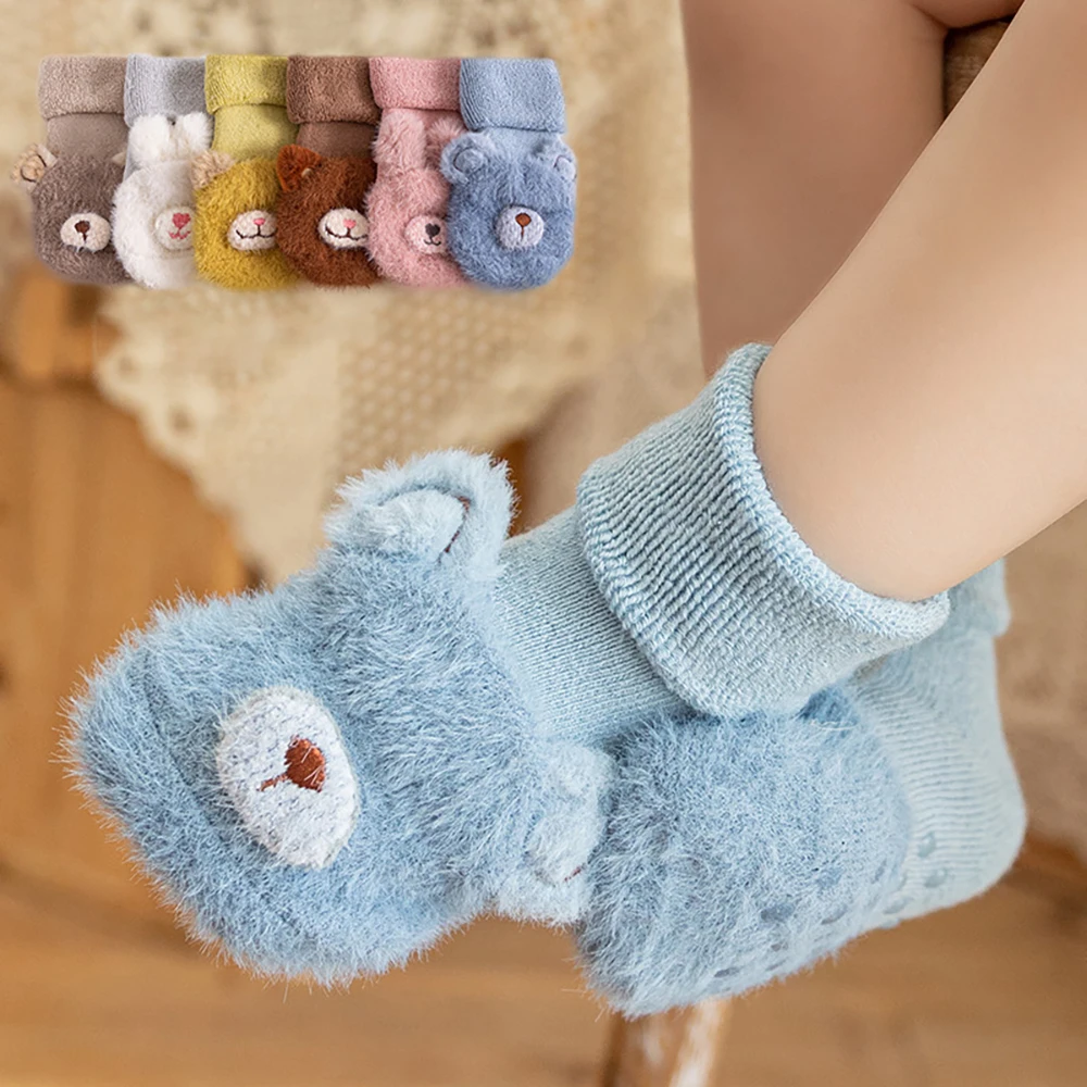 

Baby Socks 3D Cartoon Cute Children'S Terry Footwear Bear Shape Blue Winter Thick Toddler Foot Cover Non-Slip Warm Infant Socks