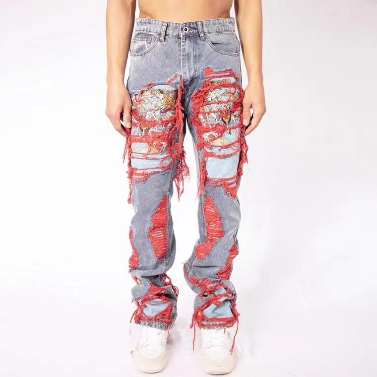 

Pants Hip Baggy Street Leg Embroidered Hop Women Brushed Man Jeans High Casual Straight Denim Destroy