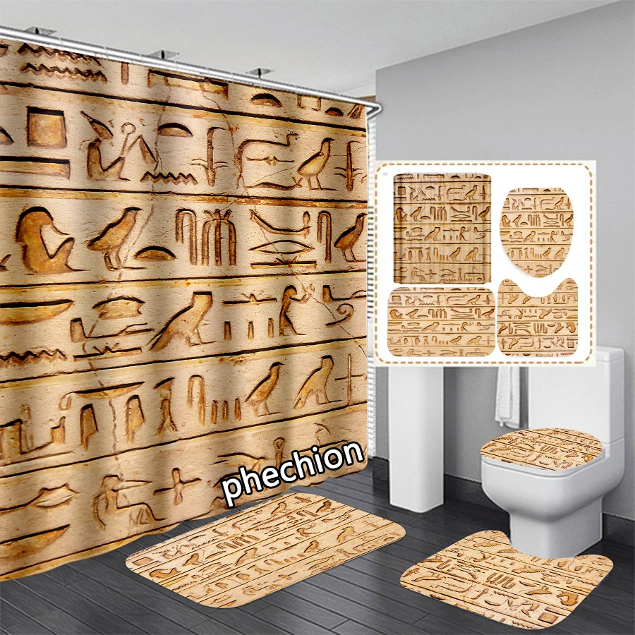 

phechion Egyptian Symbol Pharaoh 3D Print Waterproof Bathroom Shower Curtain Toilet Cover Mat Non-Slip Floor Mat (1/3/4Pcs) W59
