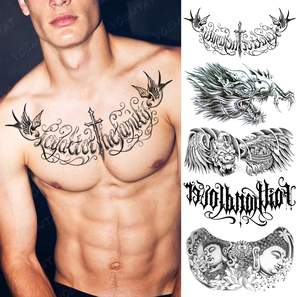 

Chest Tattoo Stickers Cross Bird Lettering English Words Waterproof Temporary Fake Tatoo Large Shoulder Sexy Body For Men Women