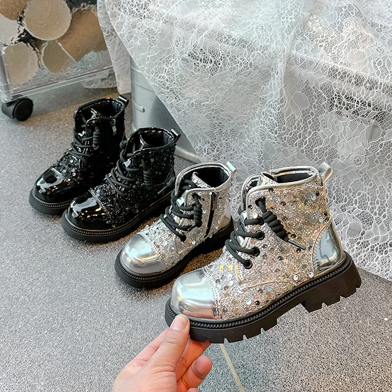 Новинка Осень-зима модные ботинки с блестками для девочек короткая обувь