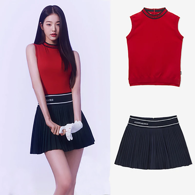 

Korean version export golf women's suit spring and summer elastic sports short-sleeved T-shirt top A-line pleated umbrella skirt