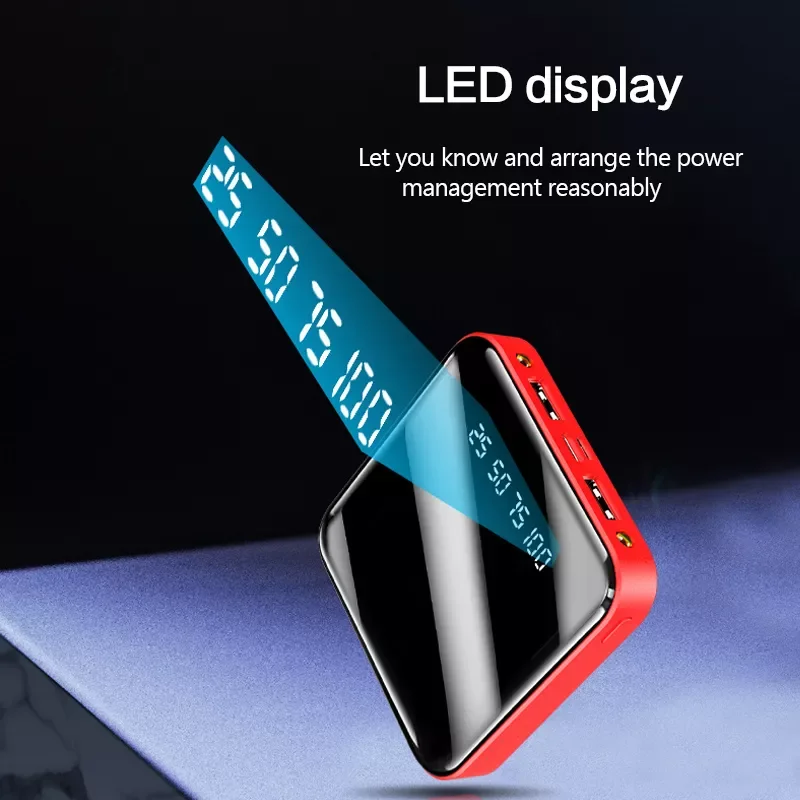 2023New Dual USB Power Bank 20000mah Mirror Screen Fast Charger Mini Power Bank LED Dispaly LED Light Portable Phone Charger Pow