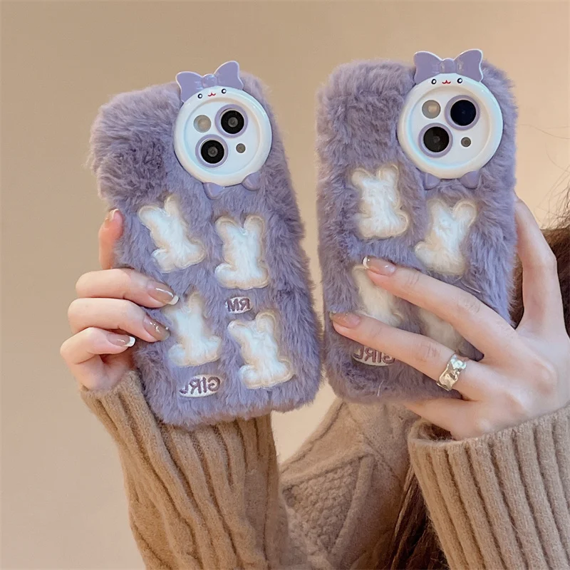 

Cute bowknot len Rabbit purple Fuzzy Plush 3D Phone Case For iPhone 14 13 12 11 Pro Max 14pro Winter Shockproof Soft Cover Funda