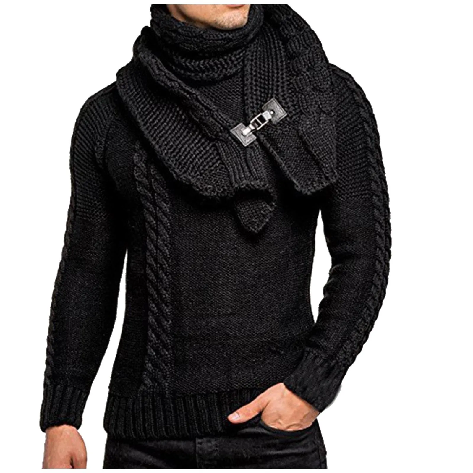 

Men Clothes Long Sleeved Slim Round Neck Sweater Detachable Leather Buckle Bib Pullover Harajuku Mens Oversized Sweater