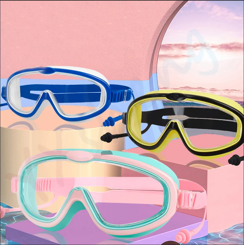 

2023 Children's Large Frame Swimming Goggles HD Anti-Fog Goggles Silicone Earplugs Integrated Waterproof Swimming Diving Goggles
