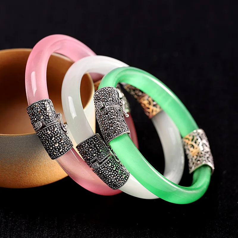 

Uglyless Rare Pink Green Cat's Eye Stones Bangles for Women Thai Silver Vintage Opening Bangles 925 Silver Moonstones Jewelry