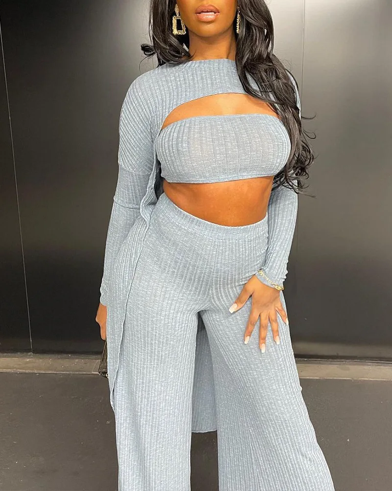 

2021 New Knitted Hollow Trousers Suit Women and Women's Fashion Two-piece Suit