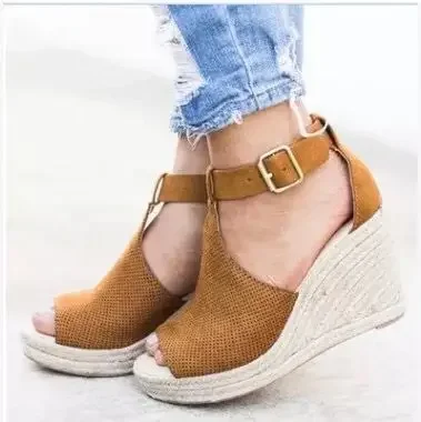 

Women Party Shoe Summer Sandals Platform Buckle Strap Flock 10CM Wedges Classics High Quality Summer Women Shoes brown