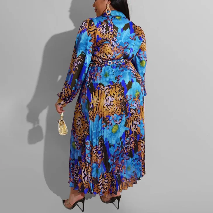 Plus Size Dresses for Women Mid Calf Pleated Printed Full Sleeve Autumn Fall New Evening Party Birthday Vestidos Mujer Dress Big