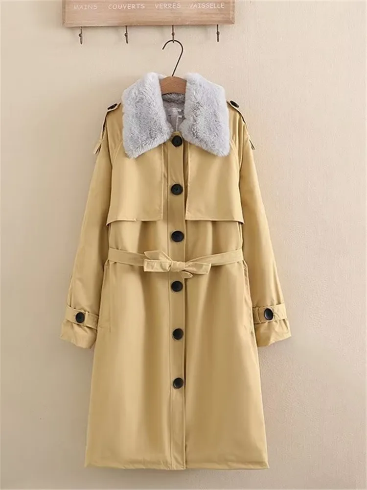 Plus Size Women's Clothing Winter Coat Long Sleeves Medium Long Windbreaker Lapel With Fur Collar Extra Large Size Thicken Coat