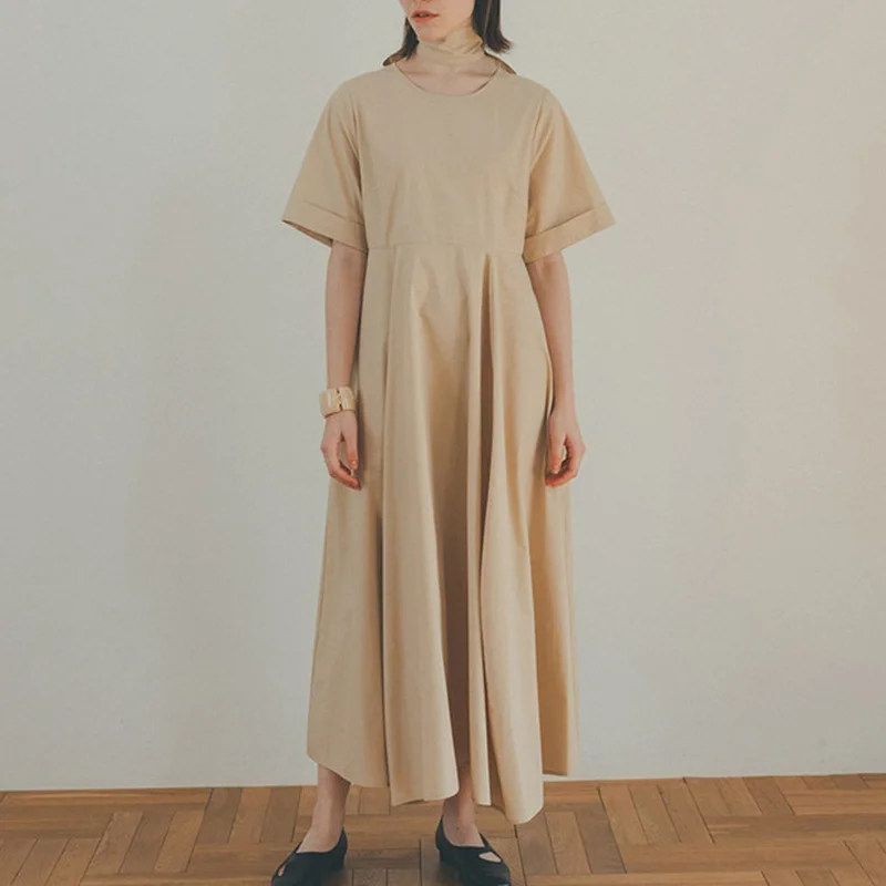 

Женское длинное платье с бантом, однотонное простое платье с коротким рукавом, круглым вырезом и высокой талией в японском стиле для отпуск...