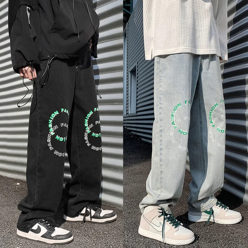 Blue Black Baggy Jeans Men Fashion Letter Print Casual Straight Jeans Mens Streetwear Harajuku Loose Hip Hop Denim Pants Men
