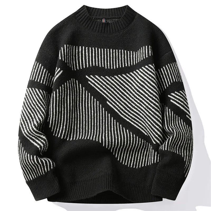 

2023 Men's Autumn Wear Warm Striped Color Matching Sweater Youth Creative round Neck Sweater
