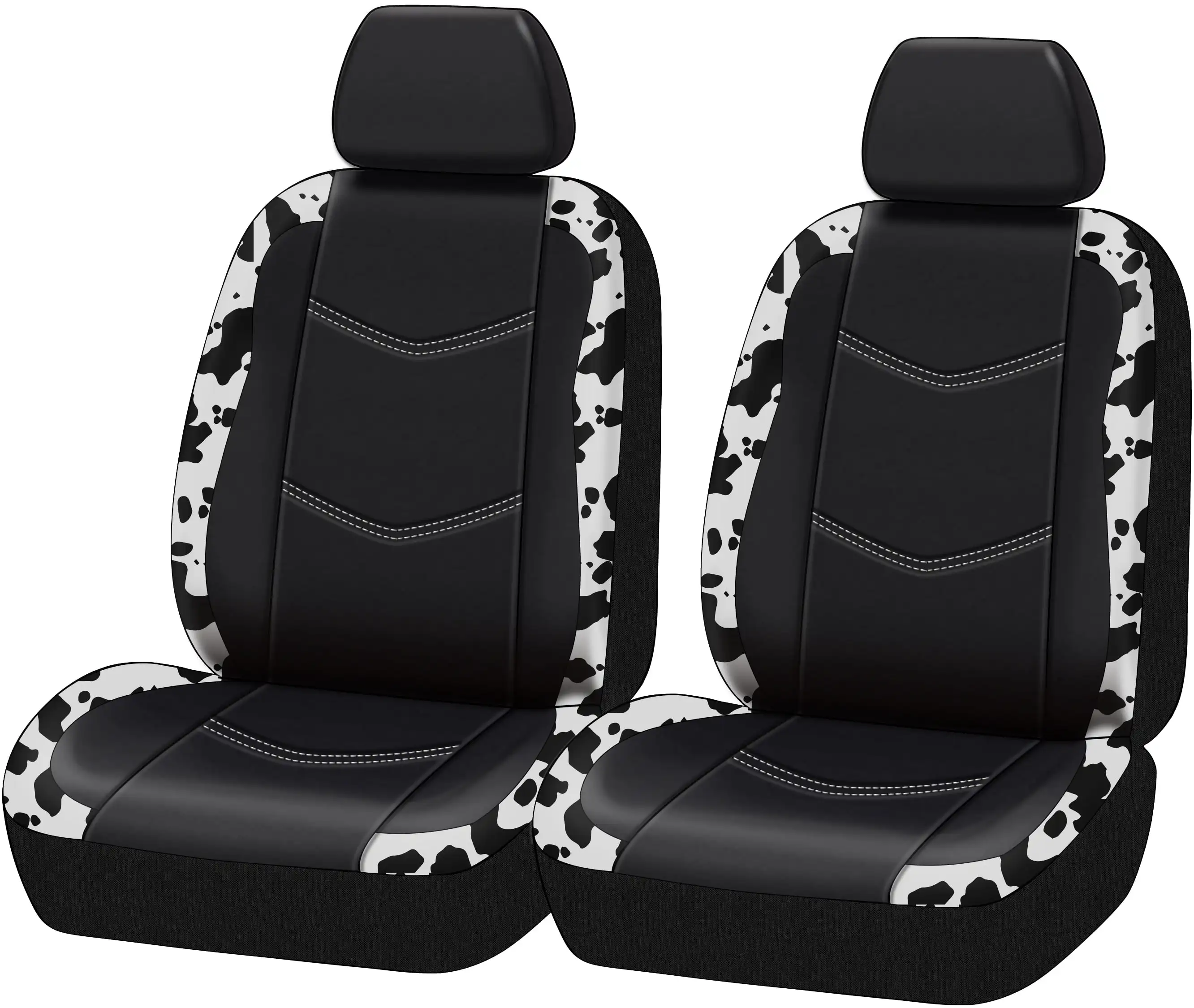 

Black,White Cow Faux Leather Car Seat and Headrest Cover, Set of 2, HP211126