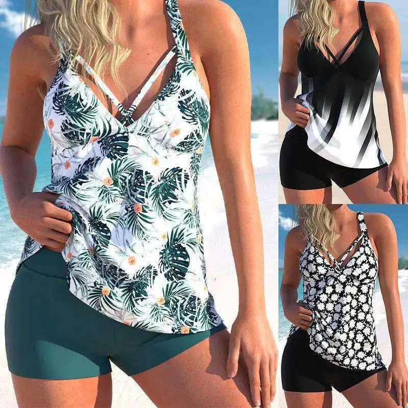 

Large Size Tankini Fashionable Swimwear Printed Multi Color Split Conservative Boxers Womens Swimsuit