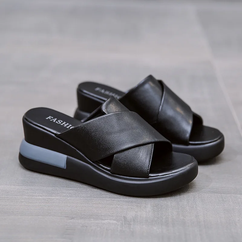 Women's Wedge Slippers Summer 2022 New Casual Open Toe Platform Slides Women's Roman Sponge Cake Cross Large Size Slippers New